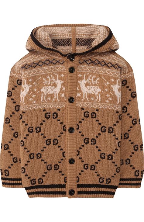 Шерстяной кардиган на пуговицах с капюшоном GUCCI детский бежевого ...