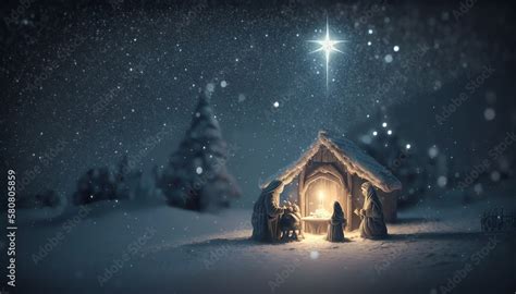 Nativity Scene - Birth Of Jesus Christ With Manger In Snowy Night And ...