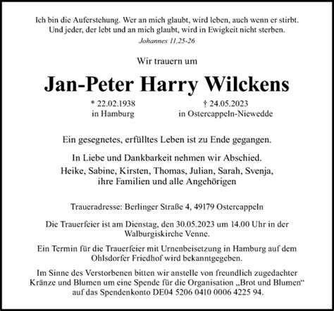 Traueranzeigen Von Jan Peter Harry Wilckens Noz Trauerportal