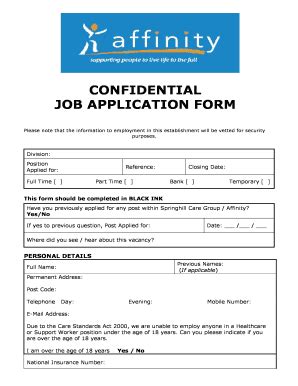 Fillable Online Affinitysupport CONFIDENTIAL JOB APPLICATION FORM