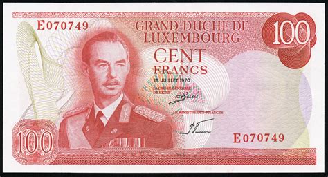 Luxembourg currency 100 Francs banknote of 1970, Grand Duke Jean.