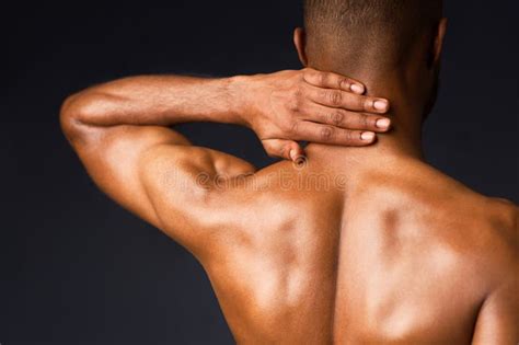 Shirtless Black Man Suffering From Pain In His Neck Stock Image Image