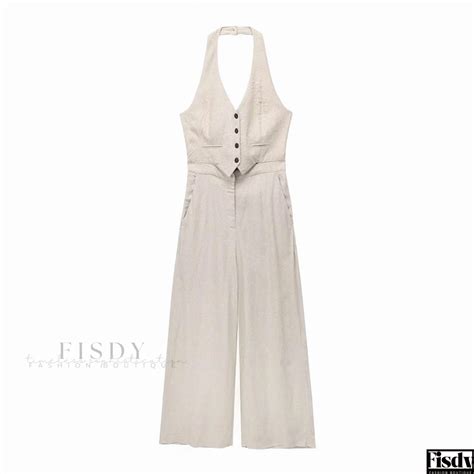 Fisdy Stylish Cotton Linen Jumpsuit With Neckband Fisdy Fashion