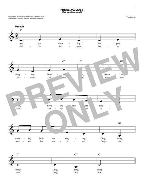 Frere Jacques Are You Sleeping Sheet Music Traditional Easy Lead