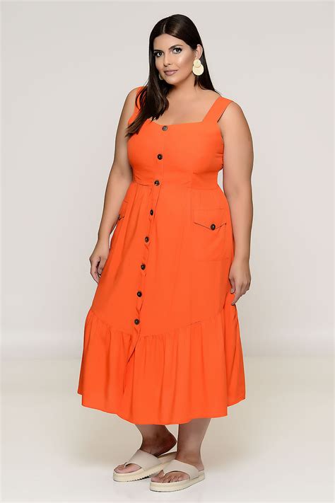 Vestido Plus Size Midi Botões Laranja Vk Moda Plus Size