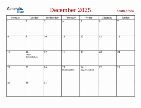 December 2025 South Africa Monthly Calendar with Holidays