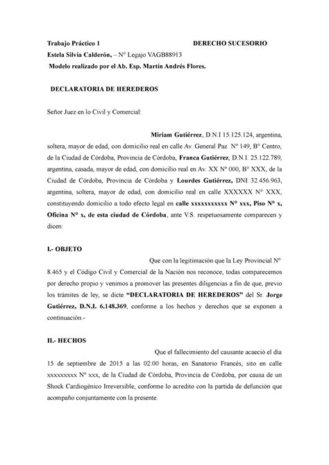 Tp Derecho Sucesorio Declaratoria De Herederos Trabajo Pr Ctico