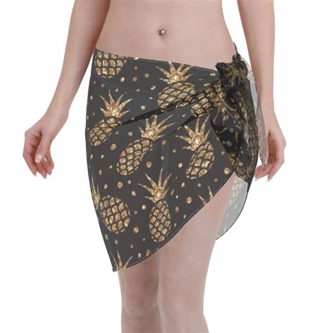 Coaee Gold Glitter Pineapples Women S Short Sarongs Beach Wrap Sheer