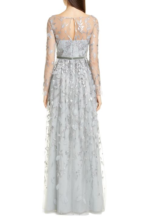 Marchesa Notte Leaf Embroidered Long Sleeve Tulle Gown In Silver