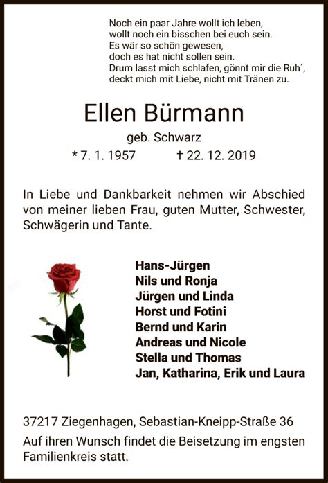 Traueranzeigen von Ellen Bürmann Trauer HNA de