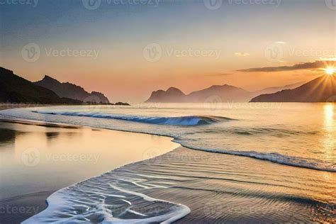 sunset on the beach, waves, mountains, water, hd wallpaper. AI ...