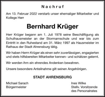 Traueranzeigen von Bernhard Krüger sh z Trauer