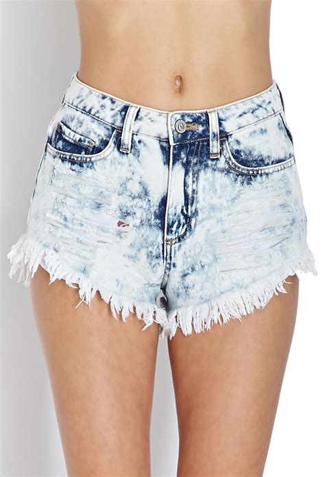 Lyst Forever Distressed Acid Wash Shorts In Blue