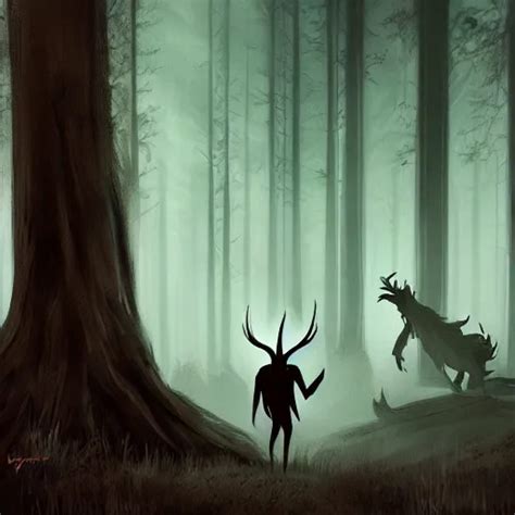 A Scary Wendigo About To Hunt A Hunter In A Dark Stable Diffusion