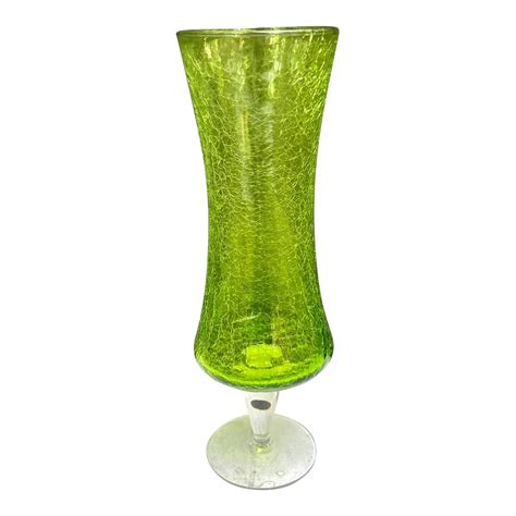 Midcentury Green Crackle Glass Pedestal Vase Chairish