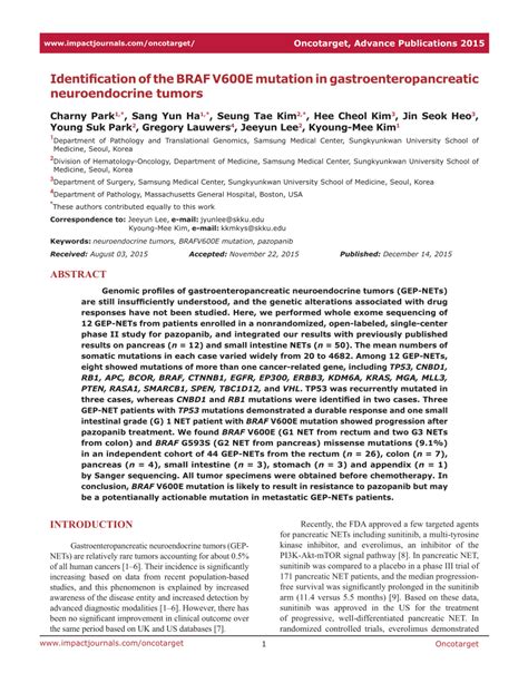 (PDF) Identification of the BRAF V600E mutation in gastroenteropancreatic neuroendocrine tumors