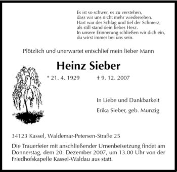 Traueranzeigen Von Heinz Sieber Trauer Hna De