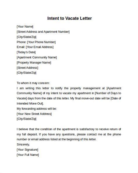 Letter Of Intent To Vacate Apartment Template Letter Templates