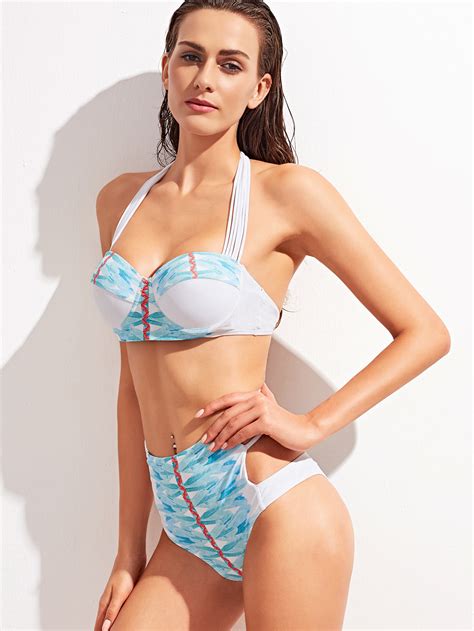 Light Blue Halter Cutout High Waist Bikini Set SheIn Sheinside