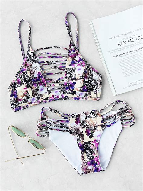 Calico Print Ladder Cutout Bikini Set SheIn Sheinside