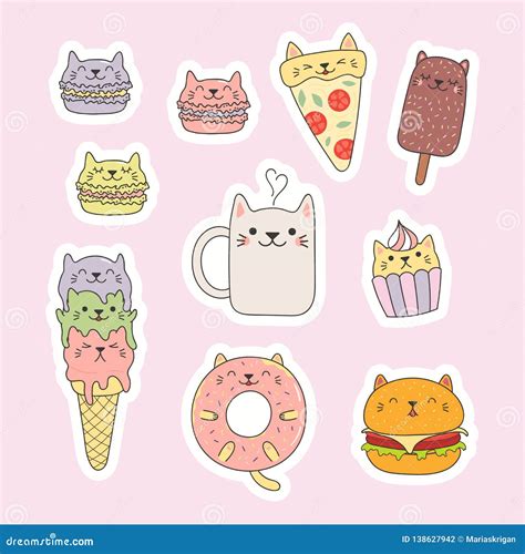 Kawaii Cats Food Stickers Set Stock Vector Illustration Of Cartoon