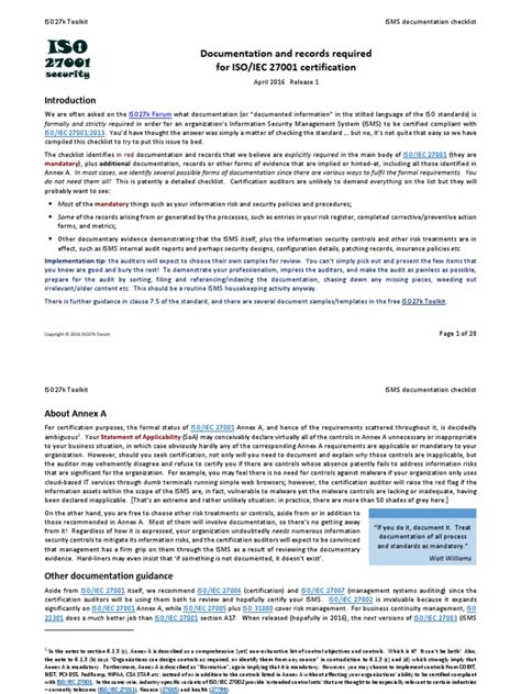 Documentation And Records Required For Iso Iec 27001 Certification Pdf Audit Risk Assessment