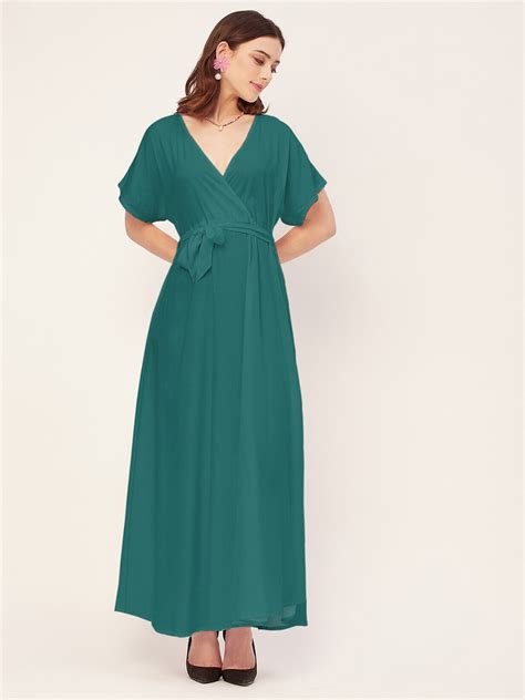 Buy Moomaya V Neck Short Sleeves Fit And Flare Maxi Wrap Dress Dresses For Women 26965316 Myntra