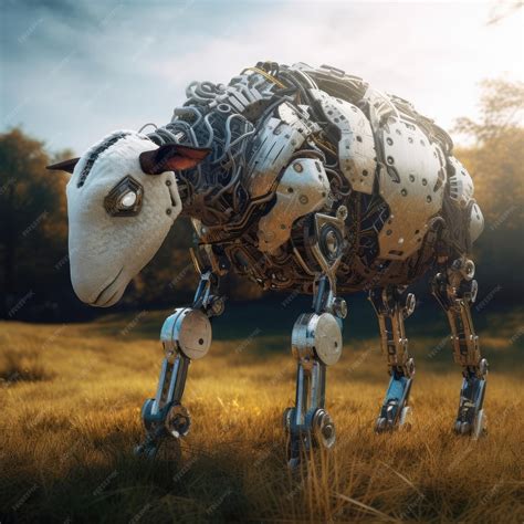 Premium Photo A Sheep With A Robot On Its Head Stands In A Field