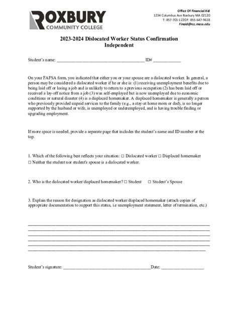 Fillable Online Dislocated Worker Verification Worksheet 2023 2024 Fax