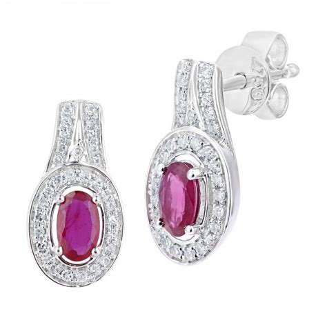 SPARKLD 18ct White Gold Oval Ruby Cluster 0 15ct Diamond Drop Earrings