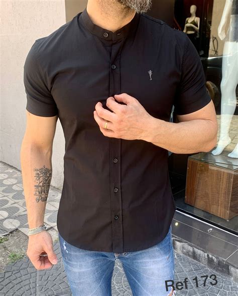 Camisa Manga Curta Zip Off Gola Padre Preta Impacto Moda Loja De