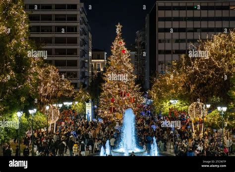 Athens Greece 4 December 2023 Christmas Tree And Lights At Night In