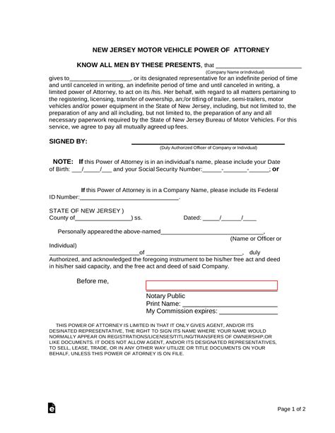 Free New Jersey Motor Vehicle Power of Attorney Form - PDF | Word – eForms