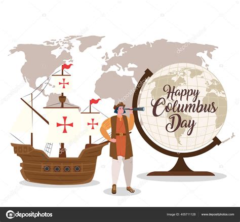 Christopher Columbus Cartoon With Ship And World Sphere Vector Design