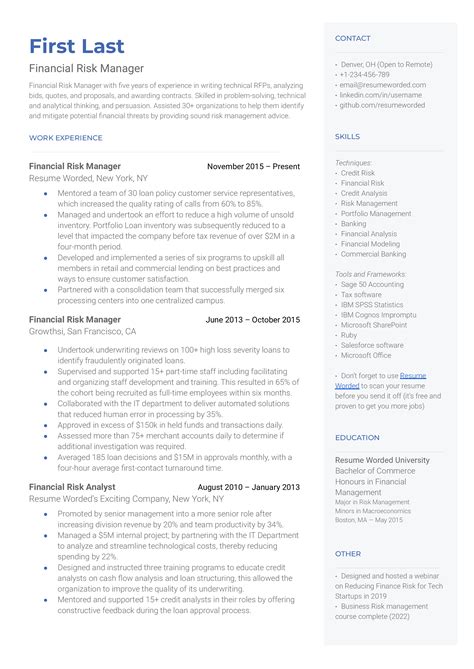 Financial Risk Manager Resume Examples for 2026 | Resume Worded