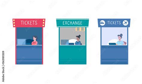 Vector set Cinema ticket office, currency exchange and air and railway ticket office. Flat ...