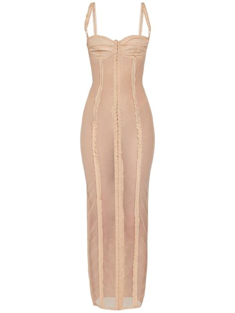 Dolce And Gabbana Marquisette Corset Dress W Lace Trim Nude