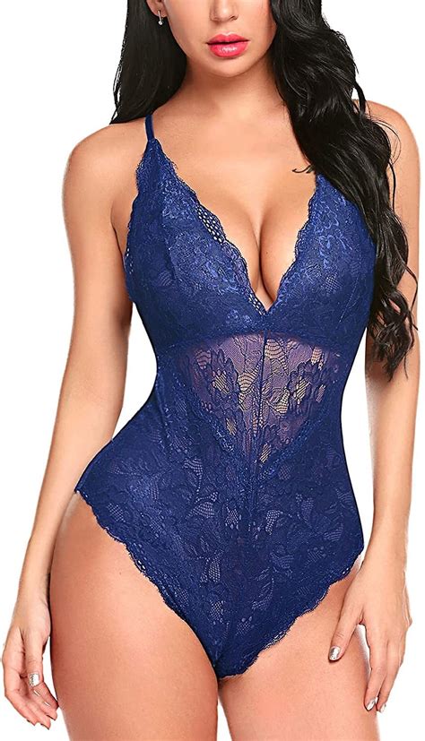 Avidlove Women Lace Bodysuit Snap Crotch Lingerie Blue Deep V Sexy Underwear Blue L Walmart