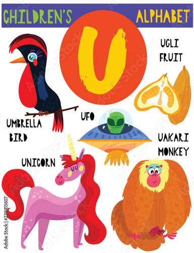 Letter U.Cute children's alphabet with adorable animals and other things.Poster for kids ...