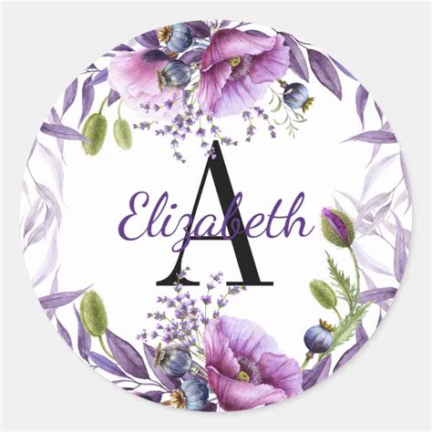 Pretty Watercolor Purple Poppy Wreath Monogram Classic Round Sticker | Zazzle