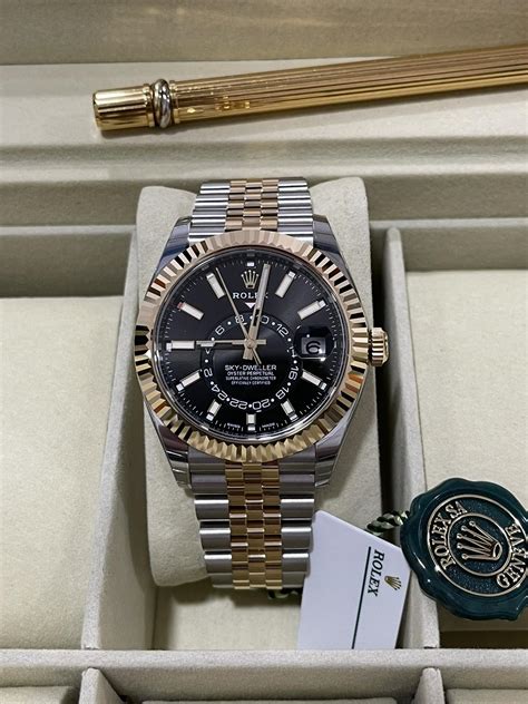 Rolex Sky Dweller Two Tone Yellow Black Index Dial Jubilee Bracelet