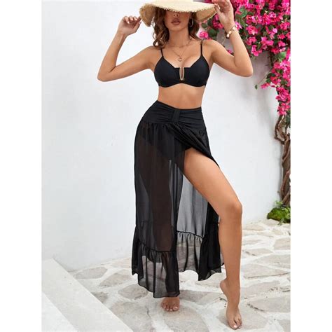 Black Push Up 3 Piece Bikini Set With Long Skirt Swimwear India