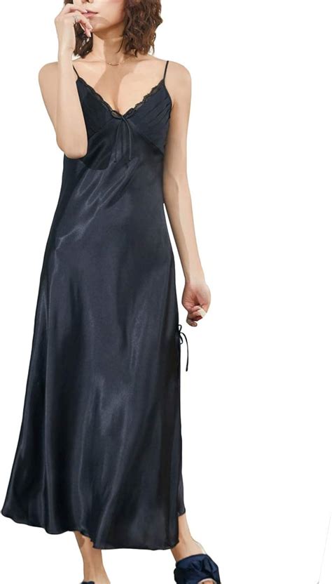 Lus Chic Womens Satin Nightgown Spaghetti Straps V Neck Long