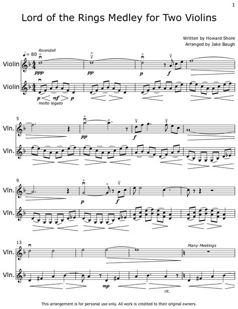 Lord Of The Rings Medley For Two Violins Sheet Music For Violin