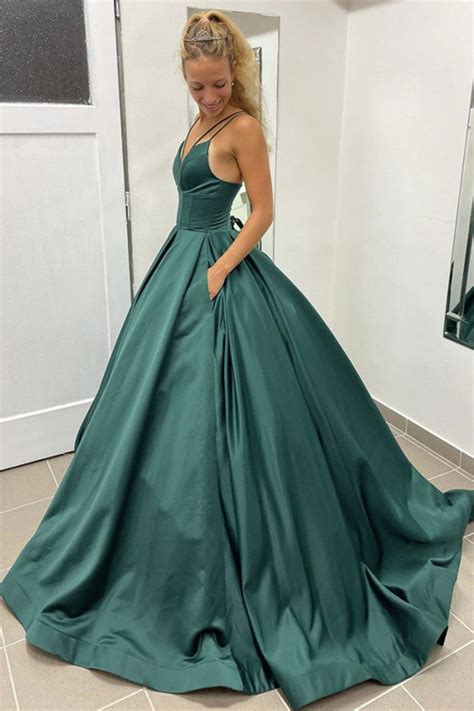 V Neck Dark Green Long Satin Prom Dresses Dark Green Long Formal Even