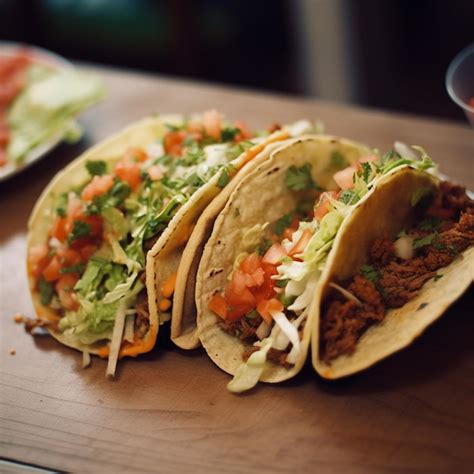 Premium Photo Three Tacos On A Wooden Board With A Bowl Of Salad On It