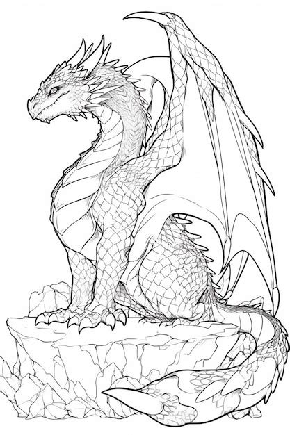 Premium Photo A Drawing Of A Dragon Sitting On A Rock With Its Wings