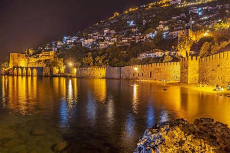 Alanya Antalya Night City With Castle And Sea Stock Photo