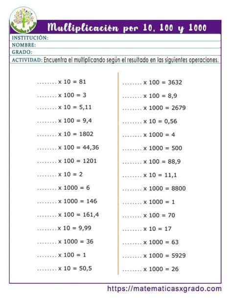 Multiplicación por 10 100 y 1000 para niños