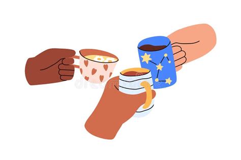 Cheers With Tea And Coffee Cups Hands With Mugs With Non Alcohol